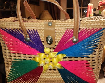 Vintage gewebt Stroh Box Stil Korb Handtasche mit Raffia Blumen Kunstleder Griffen
