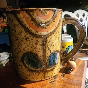 floral mug / coffee cup 1970s  vintage orange yellow brown 3 1/2&quot; tall
