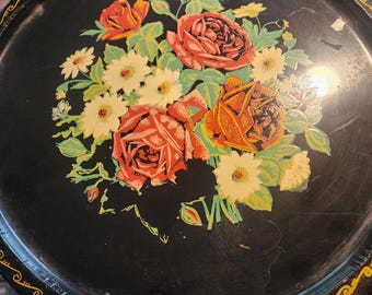 Vintage Hand Painted Round Black Metal Floral Tray - Etsy