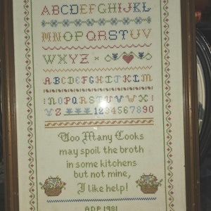 Könnte beinhalten: Ein gerahmter Kreuzstich-Sampler auf cremefarbenem Stoff mit mehrfarbigen Buchstaben, Zahlen von 0 bis 9 und Blumenmotiven. Der Text lautet: Too Many Cooks may spoil the broth in some kitchens but not mine, I like help! Datiert auf ADP 1981.