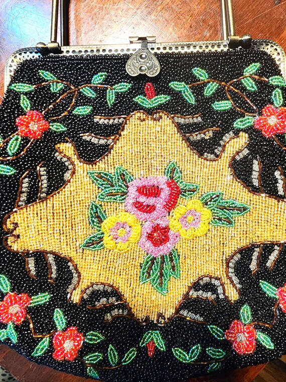 Antique Floral Beaded Purse – handle metal and ch… - image 2
