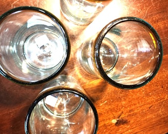 4 Hand Blown Mexican Brown Rim Tom Collins Set Party Barware Tumbler Glasses Lot