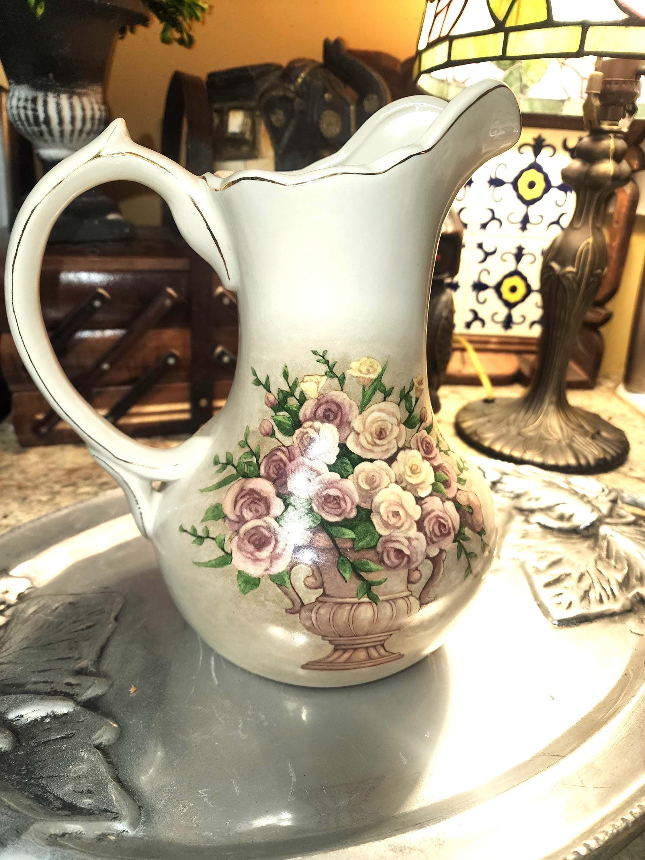 Vintage Ceramic Floral Painted Pitcher Vase From Belk Kitchen and