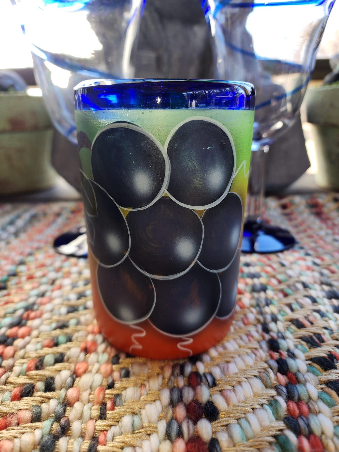 Hand Blown Cobalt Blue Rim Glass Hand Painted Mixed Fruit - Etsy