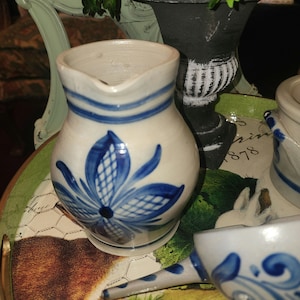 Vintage Handarbeit Germany Salt Glazed Cobalt Blue Pottery Pitcher 5 1/4&quot;