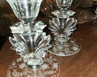 Candelabros de cristal barroco Fostoria vintage, un par.
