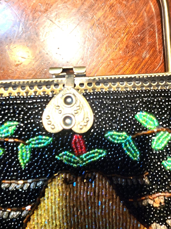 Antique Floral Beaded Purse – handle metal and ch… - image 4