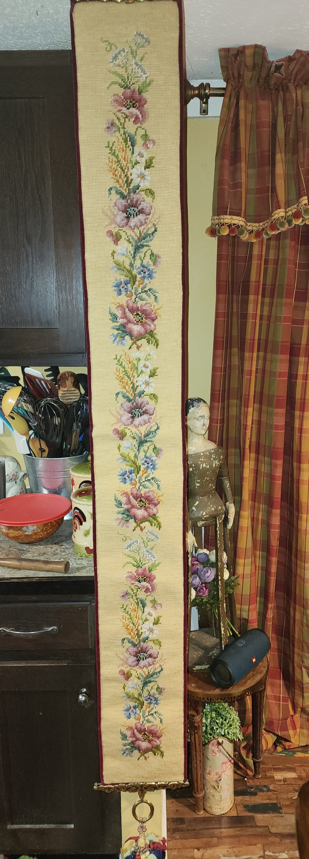 Antique Floral Church Tapestry Bell Pull Extra Long Wall Hanging Handembroidered Flower Pull