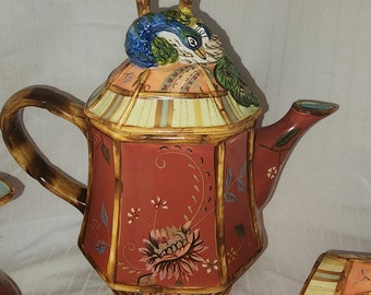 ペルー ヴィンテージ オレンジ色の鳥デザインティーポット トレイシー ポーター アルテシアン ロード ピーコック ティーポット
