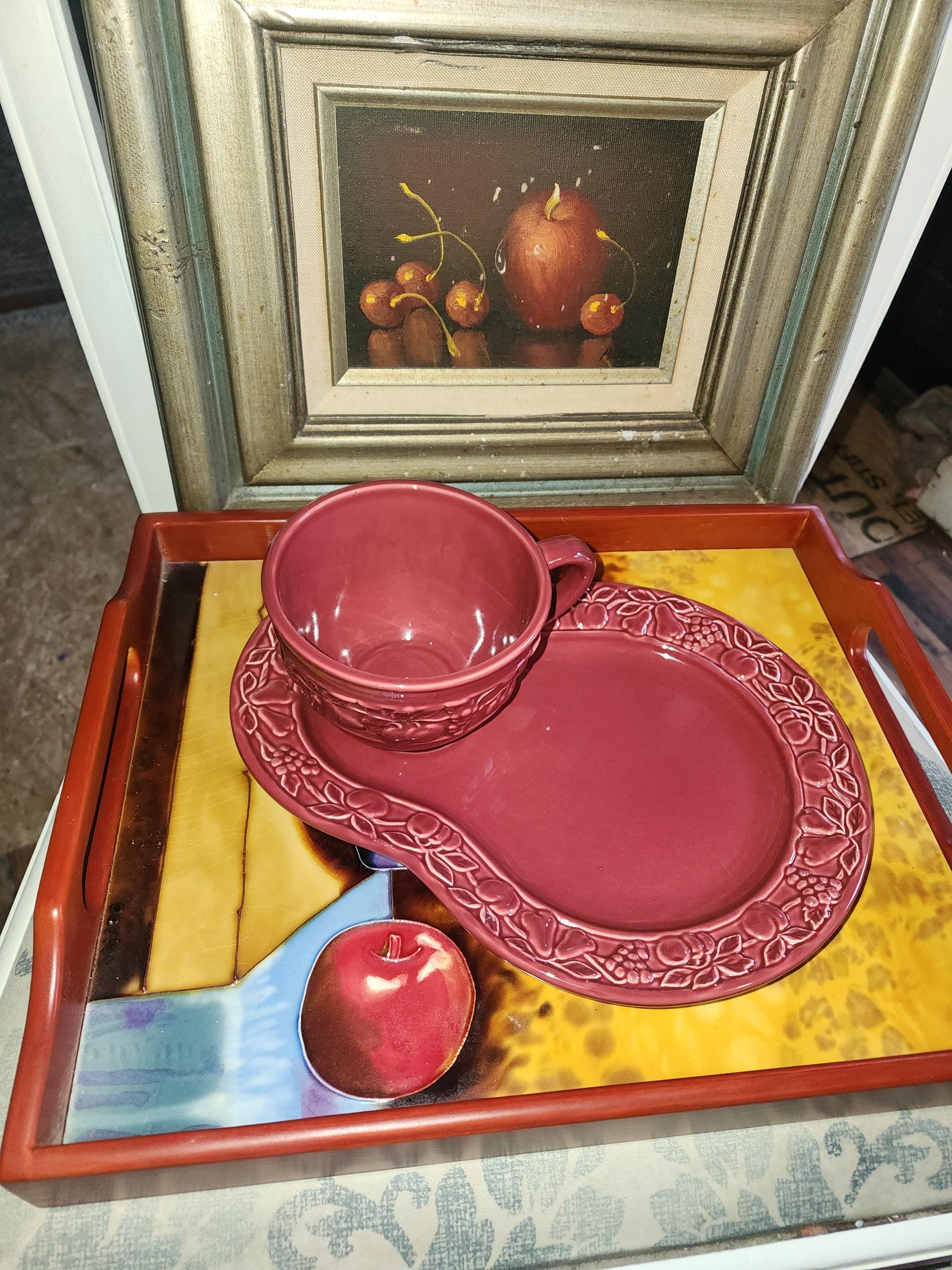 Fruit Embossed Ceramic Cup And Snack Underplate Made In Portugal set of 4 snack plates and 4 mugs
