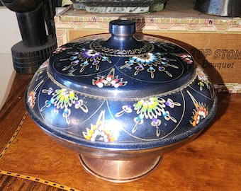 手作りのトルコ陶器製蓋付きキャンディボウル：ターコイズの花柄 