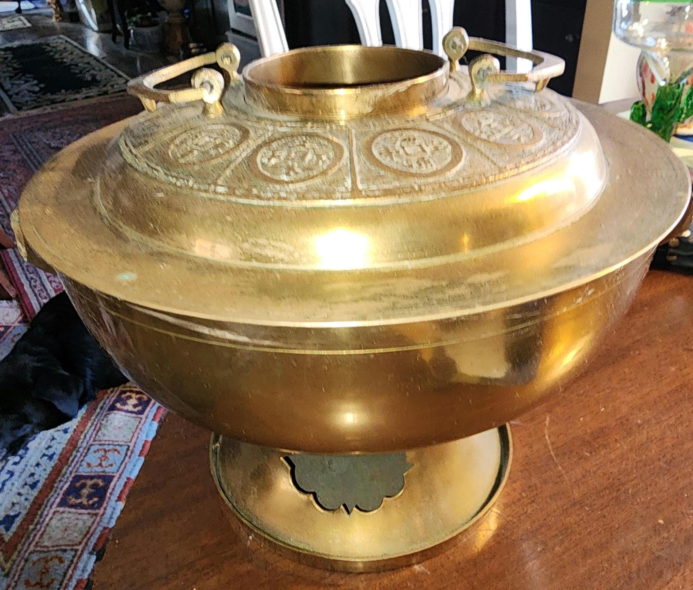 Antique Chinese Zodiac Brass Fondue Soup Warmer Korea Brazier