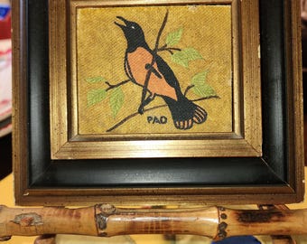 Minature oil painting signed by artist PAD Patricia Anne Dimut oriole bird framed has a bamboo easel