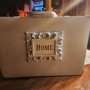 Vintage luggage,painted luggage,stenciled luggage,French stencils,Parisian decor,shabby chic decor,French decor,painted suitcase decor,white