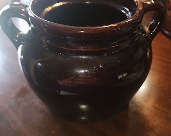 Vintage Gres Bean Pot Marrón Oscuro Esmaltado Sin Tapa