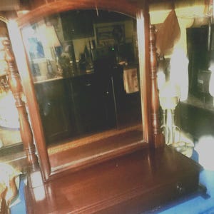 Antique tabletop mirror on stand withdrawer mahogany