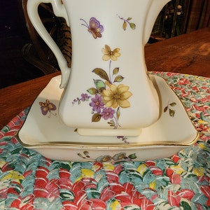 Lefton hand painted small pitcher and bowl floral with butterfly&#39;s