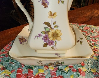 Lefton hand painted small pitcher and bowl floral with butterfly&#39;s