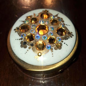 Antique Porcelain Pill Box: Brass Trinket Box with Yellow Rhinestones