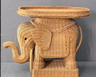 1960s Handbraided Rattan Wicker Elephant Side Table with Removable Tray Top