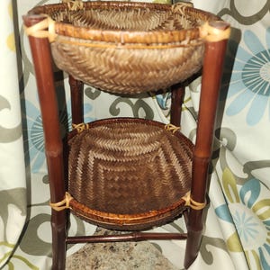 2 Tiered Bamboo Wicker Basket - Kitchen Planter Craft Storage Vintage