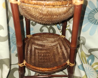 2 Tiered Bamboo Wicker Basket - Kitchen Planter Craft Storage Vintage