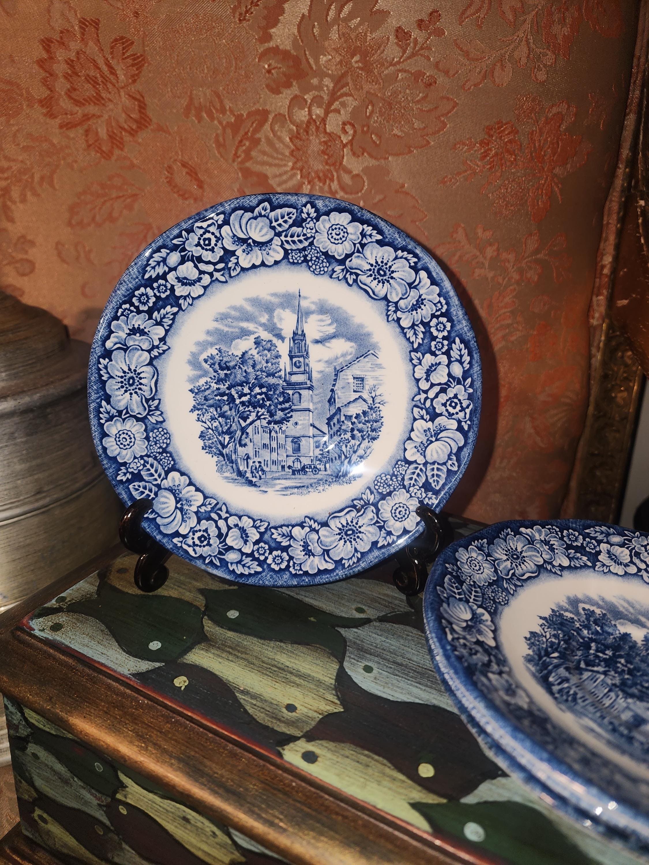 Liberty Blue Old North Church Saucers: Historic Colonial Scenes