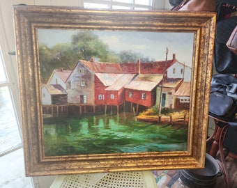 Oil painting of Kennebec Port, Maine signed by artist J. Combe 29 3/4 x 25 1/4