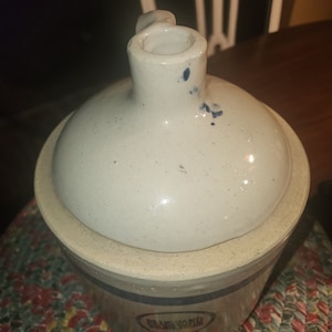 antique blue band stoneware crock jug 1 gallon great prinative READ