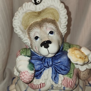 Vintage Fitz And Floyd Cookie Jar 1991 Bear Bees Honey Pot Bonnet Blue Dress