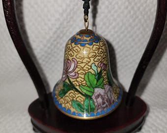 Vintage Cloisonne Chinese Hanging Bell with Wooden Display Stand