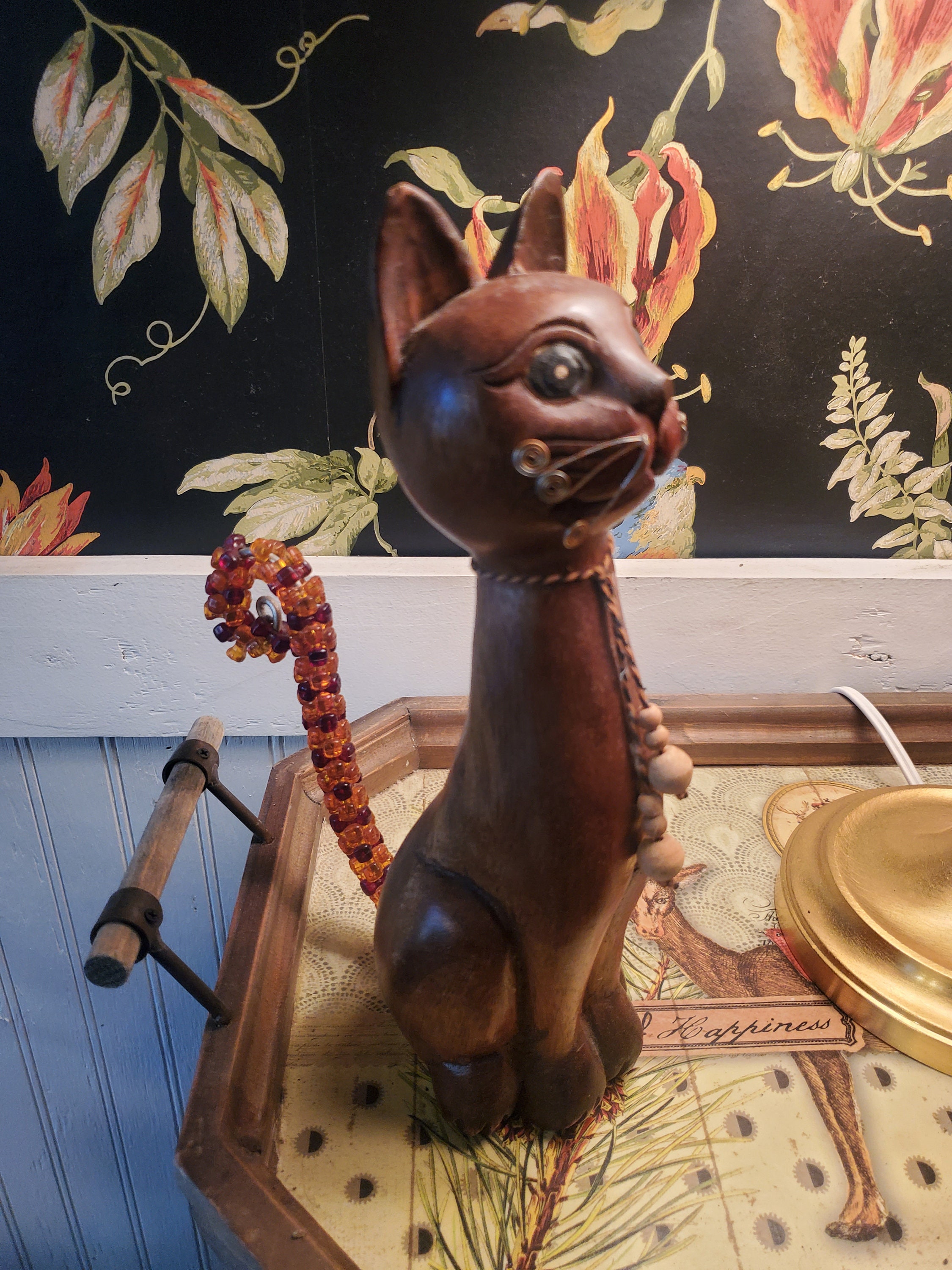 Vintage 1950's Carved Wooden Cat With Jewels and Bedazzles Decor