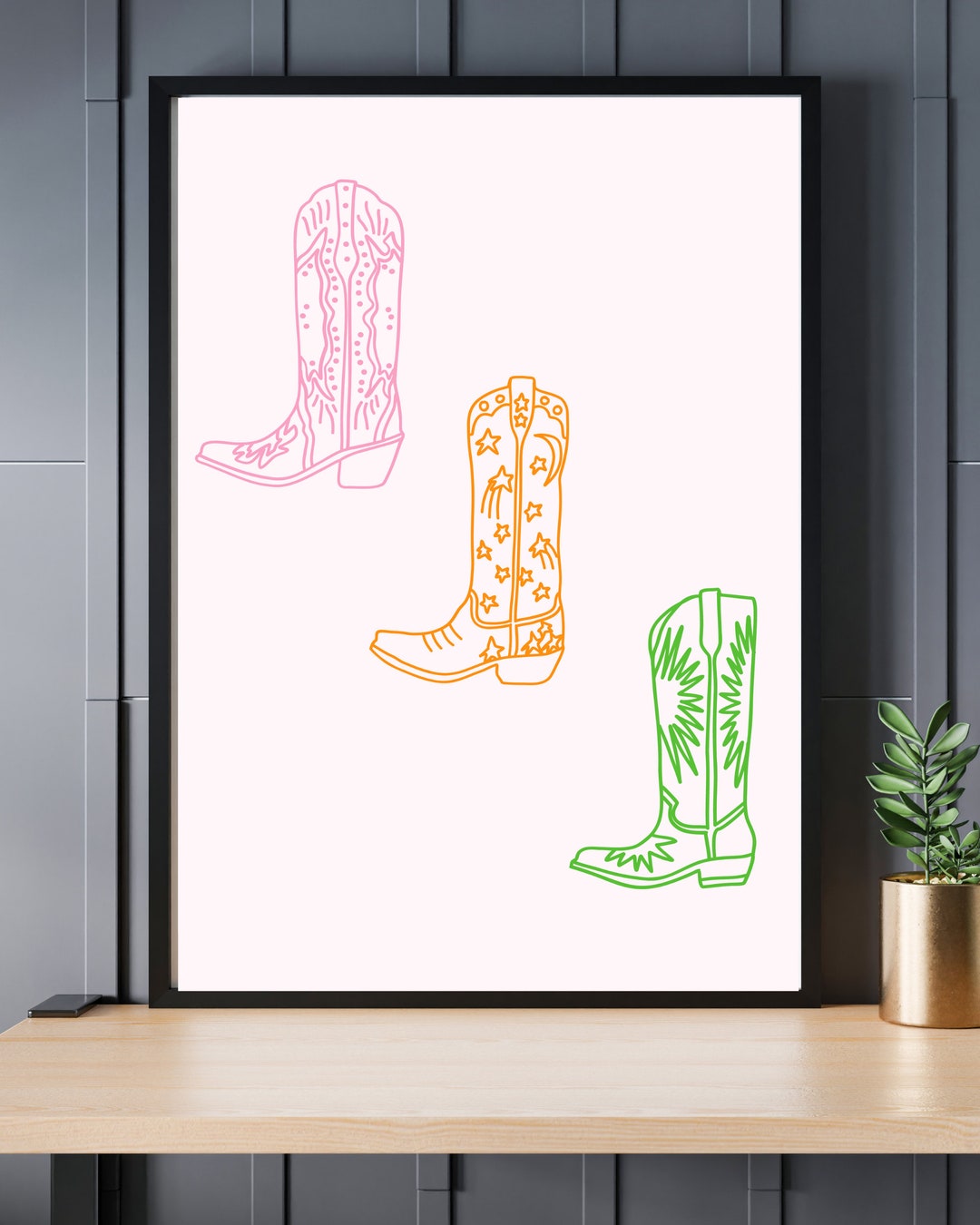 Fine Line Colorful Cowboy Boot Print / Boho / Western / - Etsy