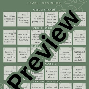 Pode incluir: Um gráfico de desafio de organização de 30 dias imprimível em verde e branco para iniciantes. O gráfico é dividido em semanas e dias com tarefas para cada dia. As tarefas incluem a organização de itens na cozinha, armários e áreas diversas da casa.