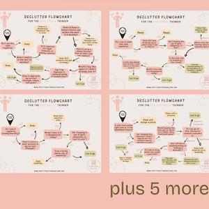 May include: Four declutter flowcharts for the analytical thinker, with a pink background. Each chart has a different set of questions to help decide whether to keep or let go of items. The text "plus 5 more!" is at the bottom.