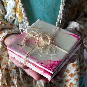 Hand Decorated Fire Coasters "Pink Waves" Tile Coasters Set of 4, Gift for Mom Sister Grandma Hostess Gift Exchange Hot Drink Iced Set C