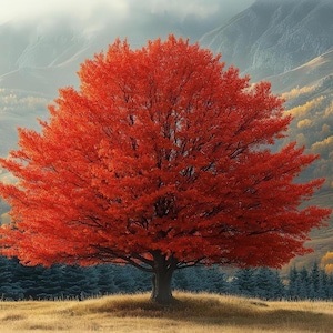 May include: A vibrant red tree stands prominently in a landscape. The tree's full canopy displays a rich, autumnal color, contrasting with the muted tones of the distant mountains and the surrounding evergreen trees. The scene evokes a sense of natural beauty.