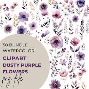 PNG Aquarela Dusty Purple Boho Flowers Clipart Pacote de 50 Download Digital Gráficos Uso Comercial Fundo Transparente Casamento