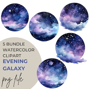 PNG Watercolor Galaxy Night Sky Moon Stars Clipart Bundle of 5 Digital Download PNG Graphics Commercial Use Transparent Background