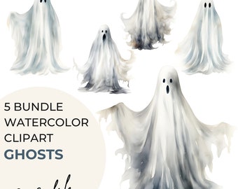 SVG Watercolor Halloween Clipart Bundle of 5 Ghosts  Transparent Background Digital Download Graphics Personal & Commercial Use