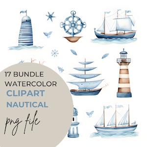 PNG Watercolor Nautical Ocean Clipart Bundle of 17  Digital Download PNG Graphics Commercial Use Transparent Background Blue Invitation