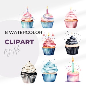 Watercolor Birthday Cupcakes Clipart Bundle of 8  Digital Download PNG Graphics Commercial Use Transparent Background