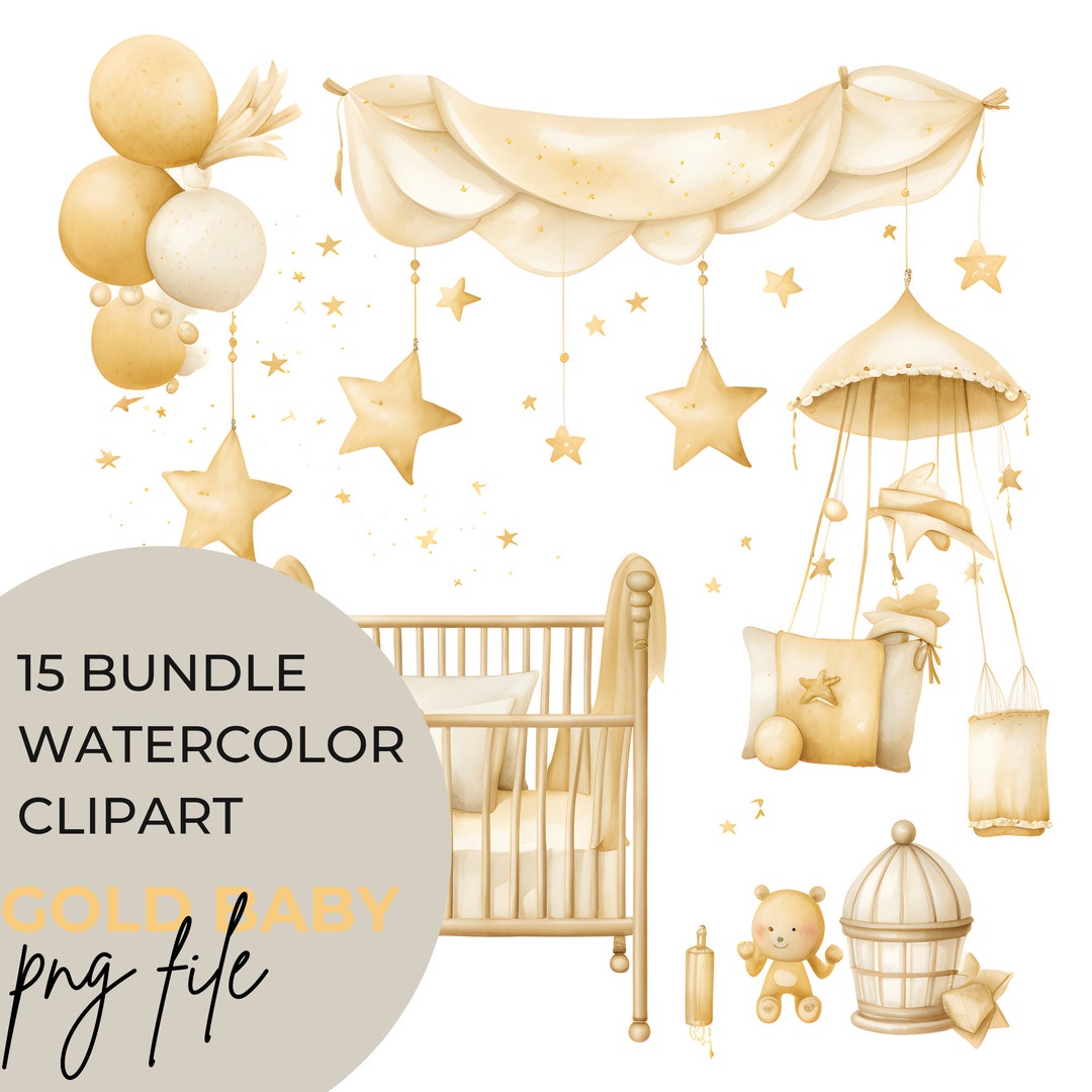 PNG Watercolor Gold Baby Shower Clipart Bundle of 15 Digital Etsy