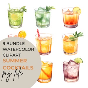 PNG Watercolor Summer Cocktails Clipart Bundle of 9  Digital Download Graphics Commercial Use Transparent Background Invitation Party Sun
