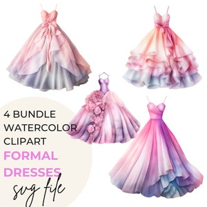 SVG Watercolor Birthday Party Dress Pink Clipart Bundle of 4  Digital Download  Graphics Commercial Use Transparent Background
