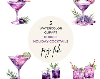 PNG Commercial Use | Holiday Drinks Watercolor Christmas Cocktail  Clipart Bundle of 5 Transparent Background Digital Download PNG Graphics