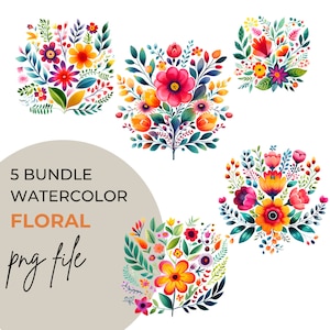 PNG Aquarell Blumen Clipart Bundle von 5 Digital Download Grafiken Kommerzielle Nutzung Transparenten Hintergrund Einladung