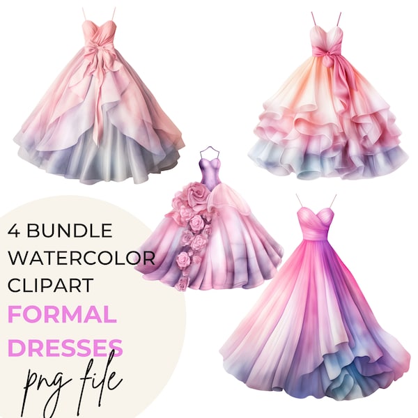 PNG Watercolor Birthday Party Dress Pink Clipart Bundle of 4  Digital Download PNG Graphics Commercial Use Transparent Background