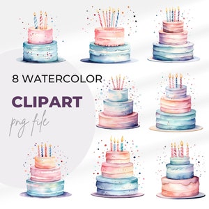 Watercolor Birthday Party Cake Clipart Bundle of 8  Digital Download PNG Graphics Commercial Use Transparent Background