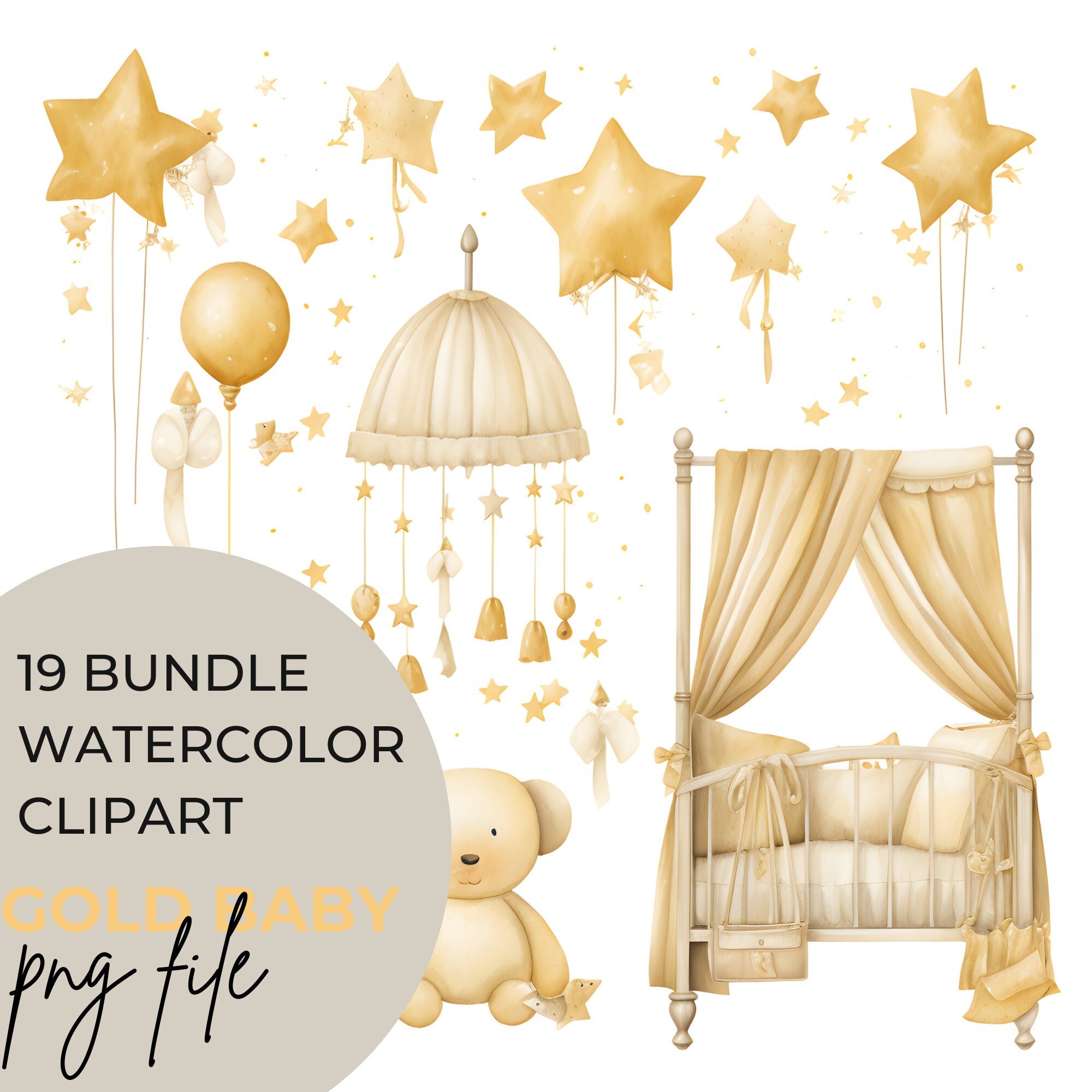 PNG Watercolor Gold Baby Shower Clipart Bundle of 19 Digital Download ...